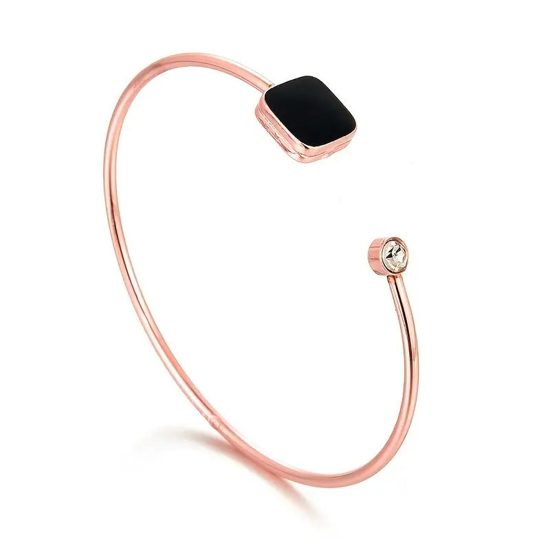 Cuff Bangle Bracelet Inlaid Square Golden Rose Black Stone