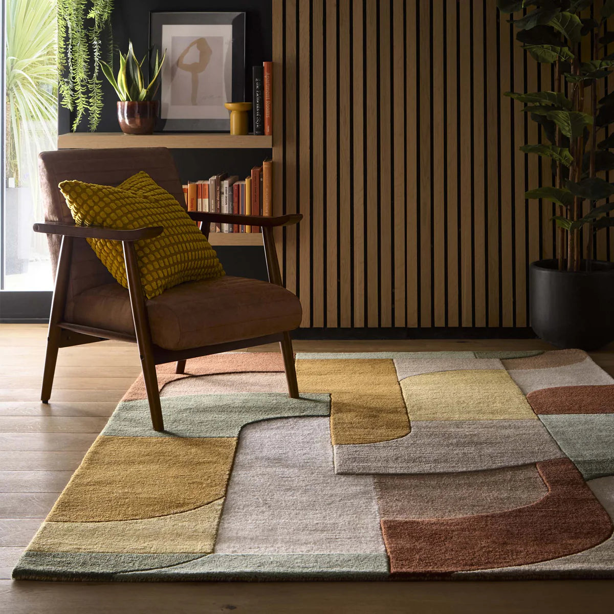 Origins Retro Deco Tan Rug in a styled interior
